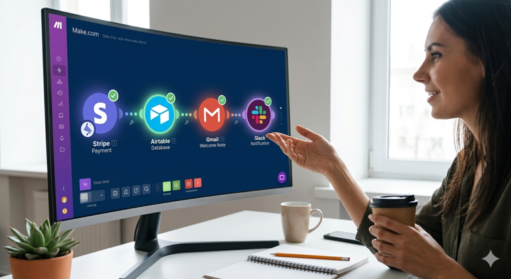 A modern monitor displaying a complex data visualization map on the Make.com interface with glowing icons of Stripe, Airtable, Gmail, and Slack, connected by pulsing data lines and green checkmarks.