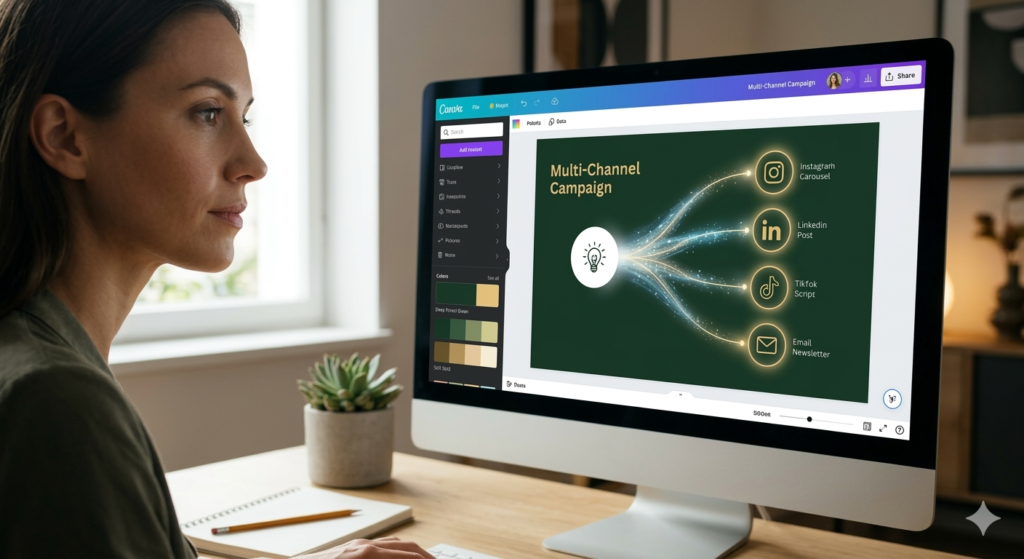 Focused woman designer using Canva on a large desk monitor illustrating a single concept branching into multiple glowing icons representing multi-channel content assets.