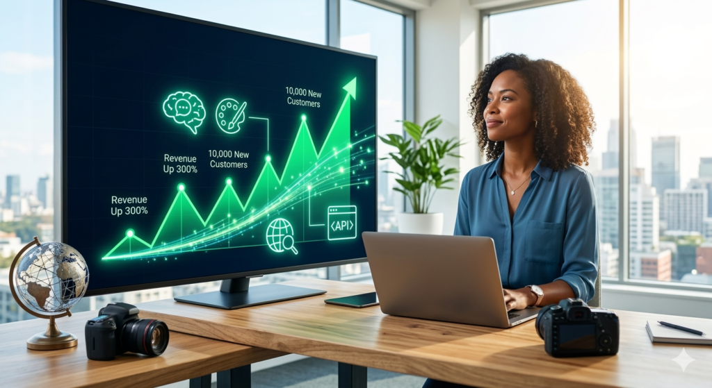 Low angle of a successful woman entrepreneur looking confidently at a dashboard monitor showing an ascending business growth chart, integrating the five icon types, with a global city skyline background.