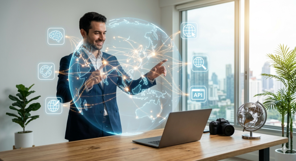 Focused AI Architect woman standing in a sleek office, gesturing toward a large curved monitor displaying a successful visual Make.com automation map where a Stripe payment triggers an Airtable, Gmail, and Slack workflow.