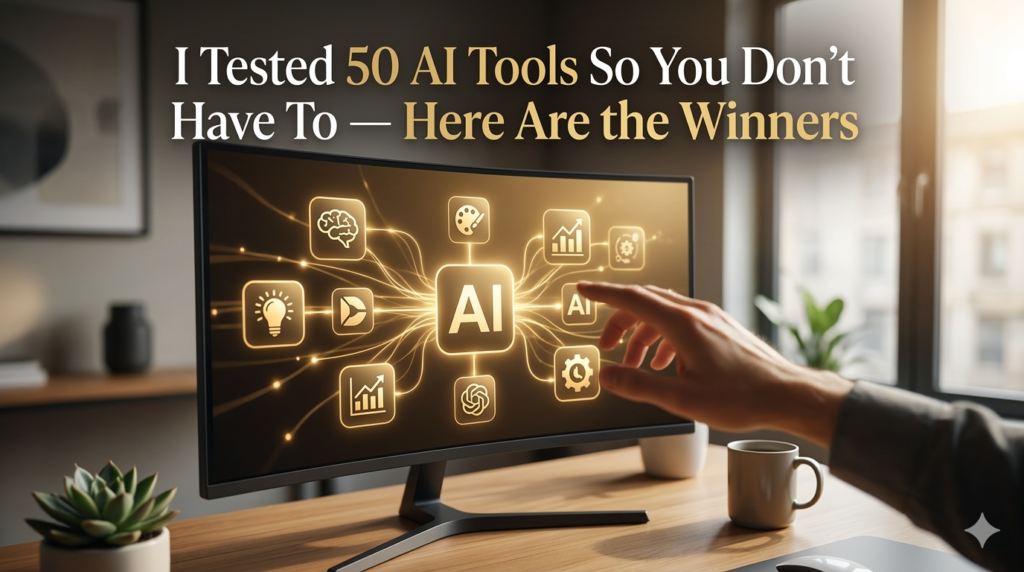 Selection of 50 winner AI tools icons on a curved monitor.