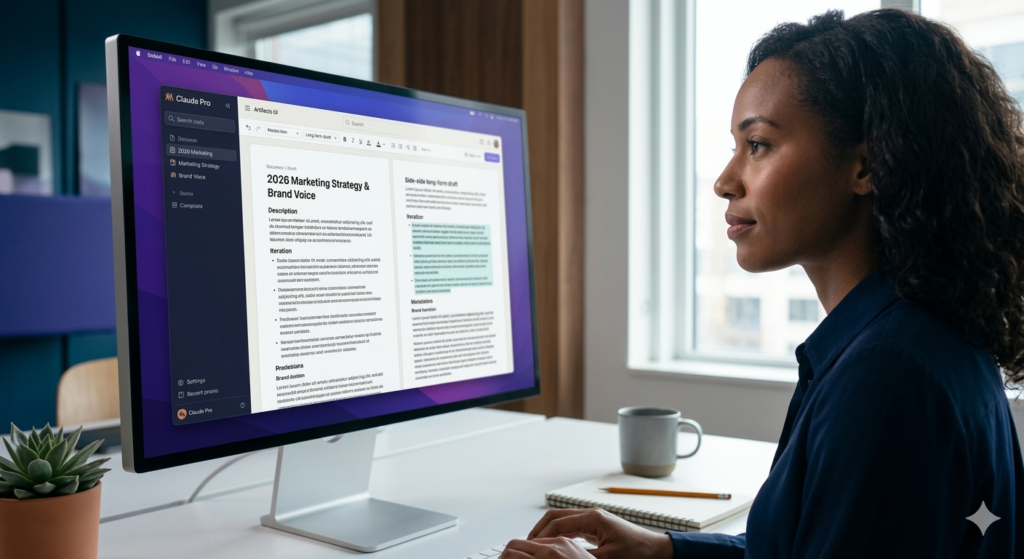 Professional using Claude AI for writing marketing strategy.