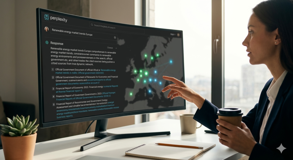 Perplexity AI search results with citations on a monitor.