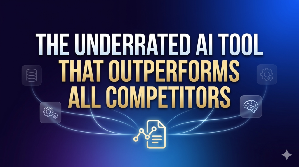 Selection of underrated AI tool icons on a curved monitor contrasted with large gold title text 'THE UNDERRATED AI TOOL THAT OUTPERFORMS ALL COMPETITORS'.