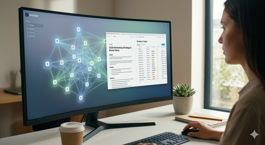 A modern curved monitor on a clean desk displaying the Anytype interface with glowing blue and green data nodes, side-by-side with a '2026 Marketing Strategy' draft and product tasks.