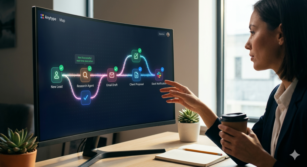 A professional gestures toward a curved monitor displaying a Make.com integration Map connecting nodes like Stripe, Airtable, Gmail, and Slack with pulsing data lines.