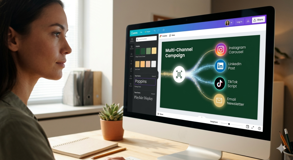 A focused designer using the Canva interface on a large desk monitor illustrating a conceptual workflow diagram for a 'Multi-Channel Campaign' branching into social media icons.