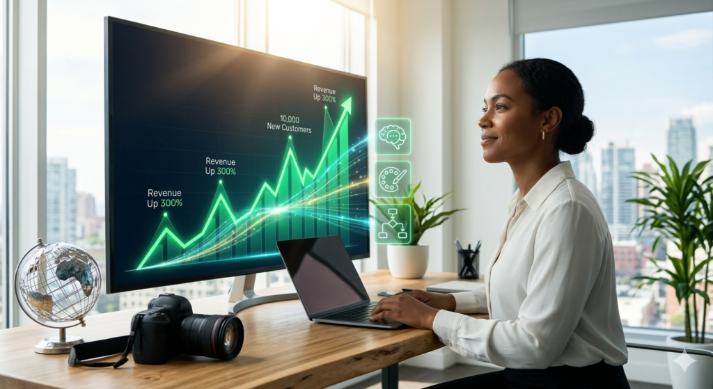 Low angle of a successful solopreneur woman smiling, standing, and interacting with a transparent holographic globe displaying a network of light connecting simplified icons: chat brain, design palette, and data search graph. Focus on Content Operations path.